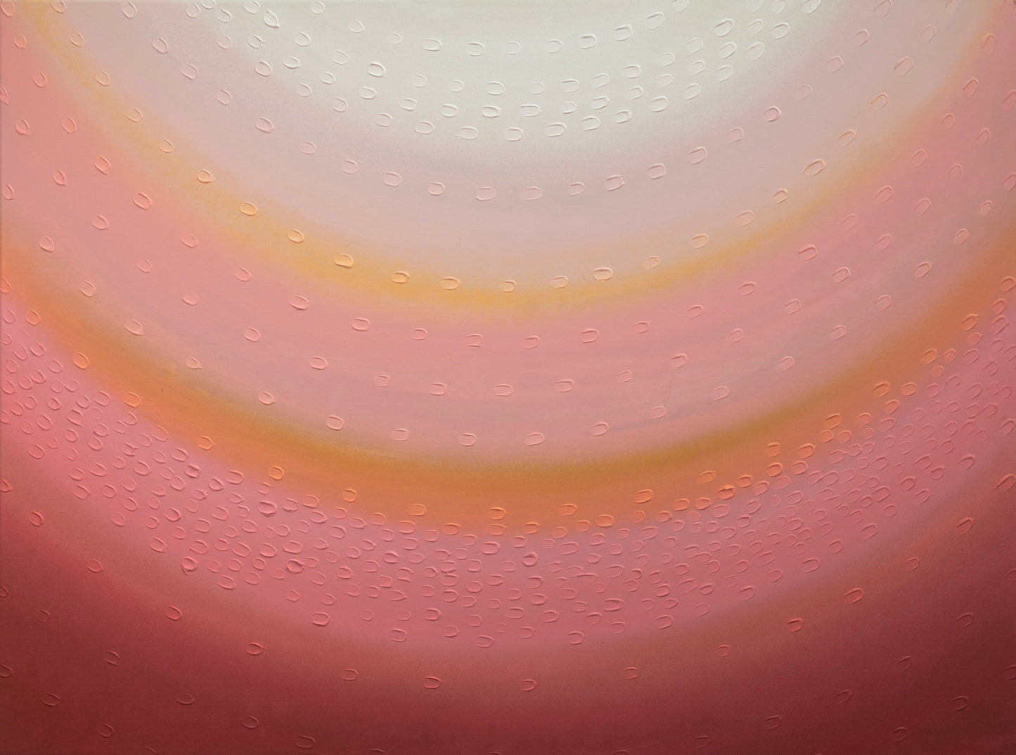 Abstract painting with a blend of neutral and pink tones, with a textured surface, framed in oak.